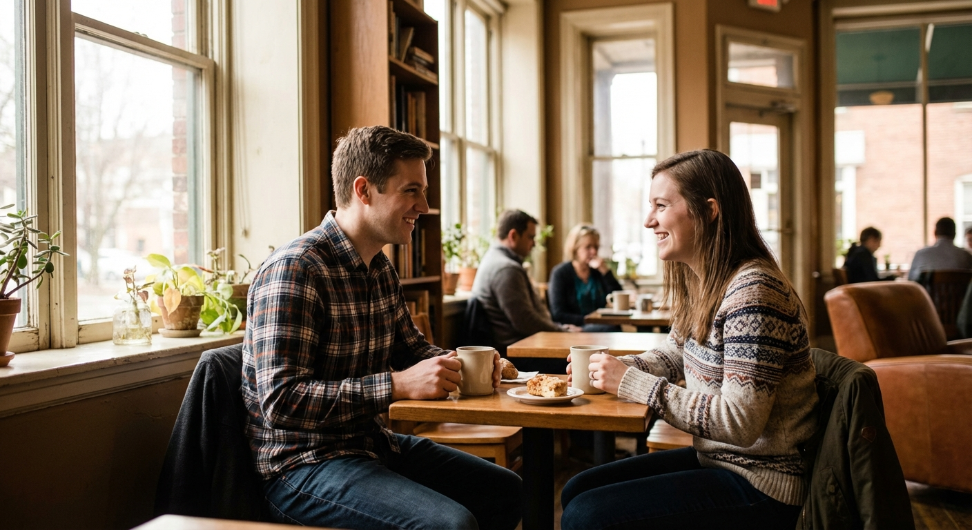 Evangelical singles on a coffee date — dating guide illustration