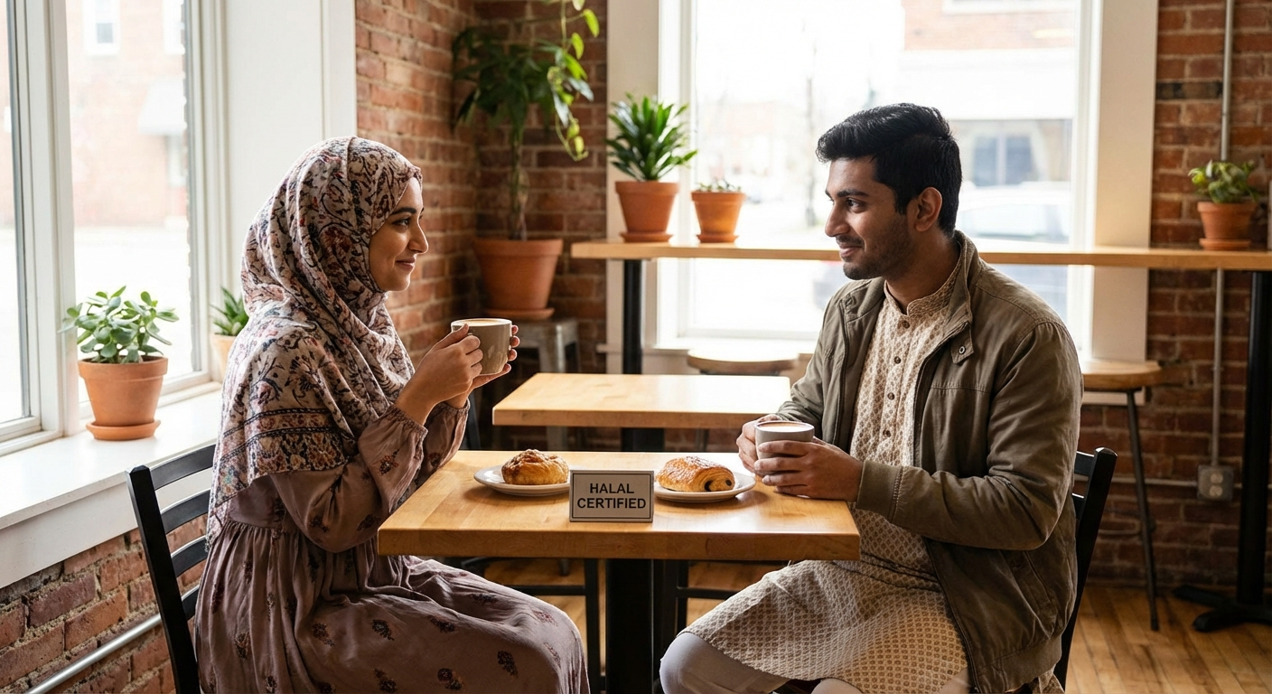 South Asian Muslim singles on a coffee date — dating guide illustration