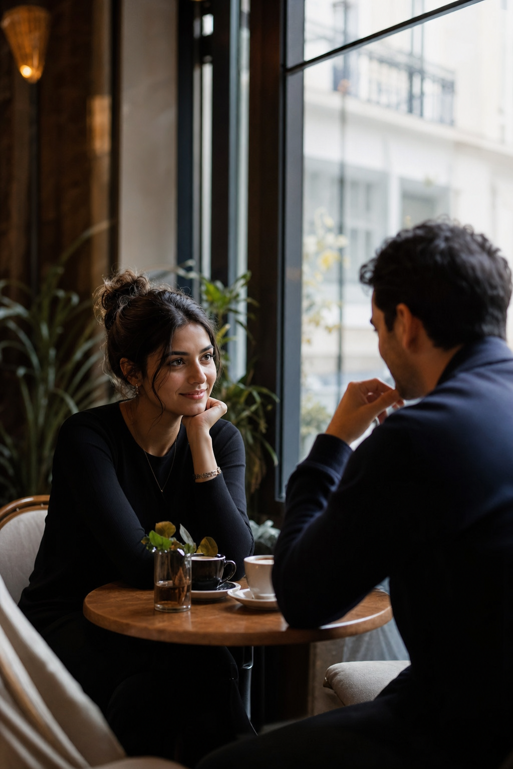 A private coffee conversation in a cafe